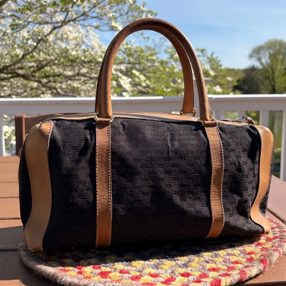 Vintage Gucci Micro GG Canvas Boston Bag Size 28 Black Tan Made in Italy - Picture 11 of 17